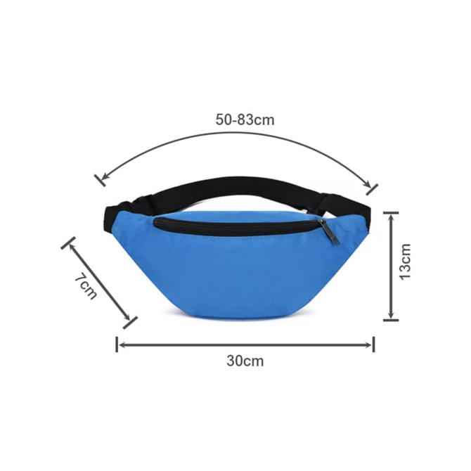 A blue bum bag with a black strap, featuring a zippered pocket and dimensions of 50-83cm (W) x 30cm (L) x 7cm (H).