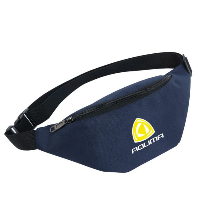 A navy blue bum bag with a black strap, featuring a logo on the front and a zippered compartment.