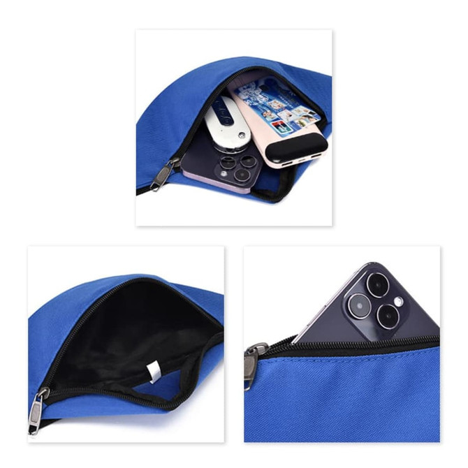 A blue bum bag with a zippered pocket containing a phone and a drink bottle. The interior is black.