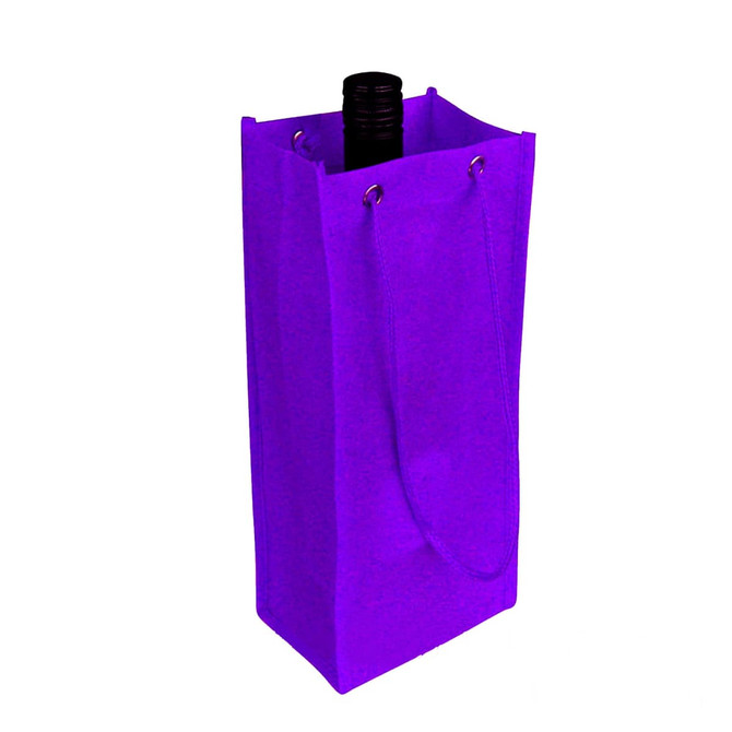 A drink bottle bag in vibrant purple with a rope handle, designed to hold a single bottle. Features a logo.