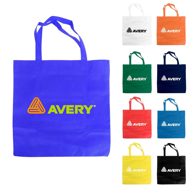 A blue non-woven foldable bag with two handles and a logo, surrounded by bags in white, orange, green, black, and yellow.