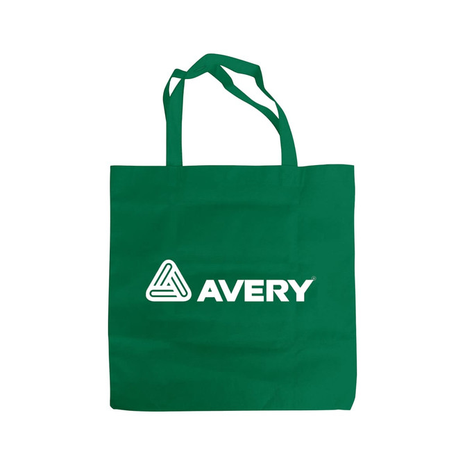 A green non-woven foldable bag with two handles and a logo on the front.