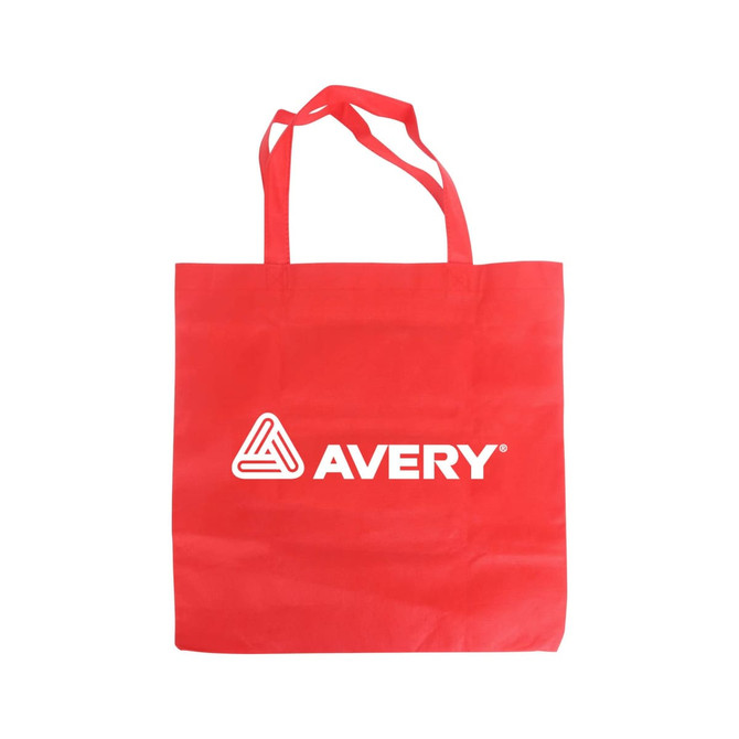 A red non-woven foldable bag with handles and a logo on the front.