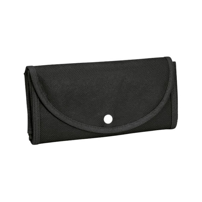 A black non-woven foldable bag, designed to be compact and has a fastening button. Features a subtle logo.