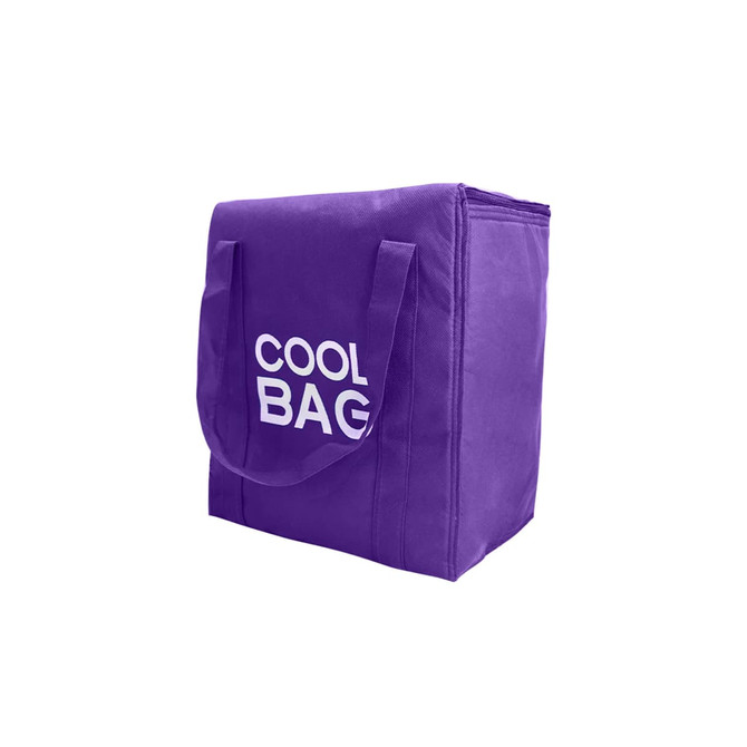 A purple non-woven cooler bag with two handles and a branding logo on the side.