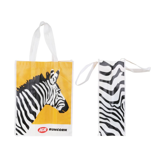 A laminated non-woven bag in yellow and black with a zebra design and handles, featuring a smaller version beside it.