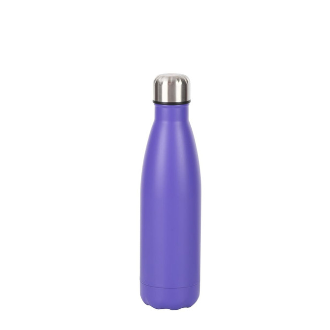 A drink bottle in a vibrant purple colour with a stainless steel cap and a sleek double wall design.