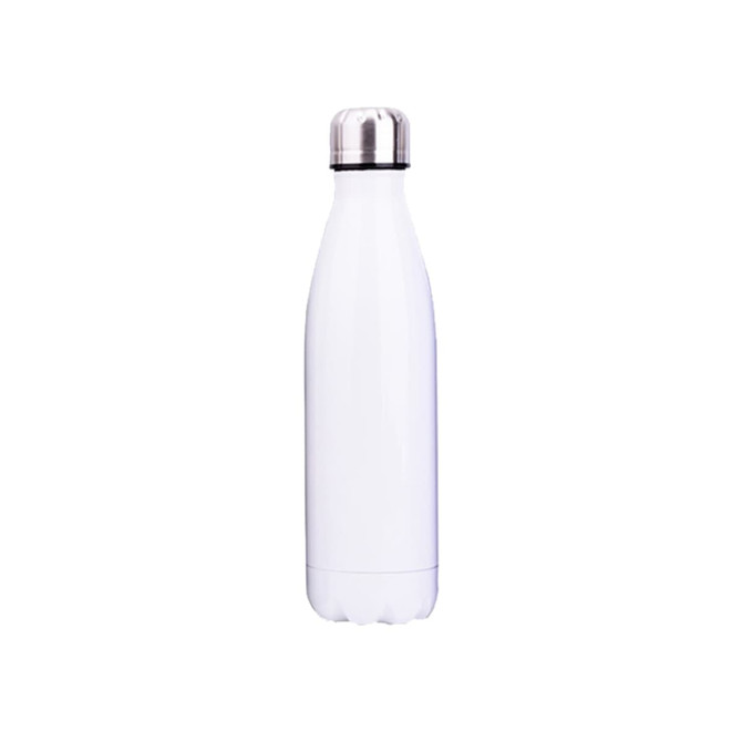 A drink bottle in white stainless steel with a silver lid and a logo on its surface.