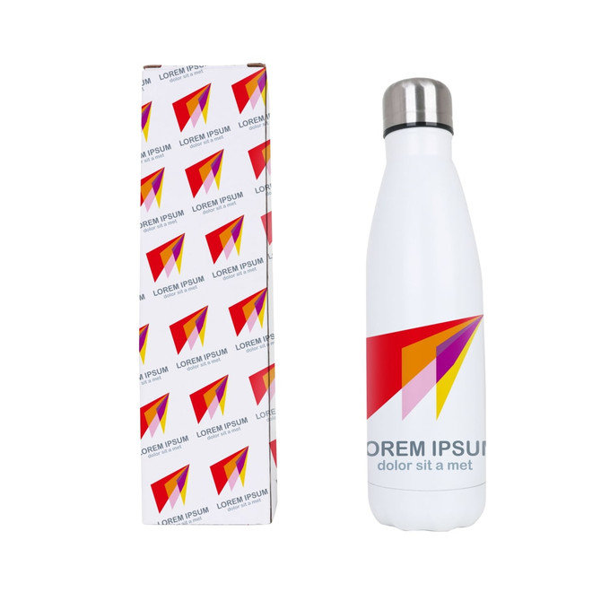 A drink bottle in white stainless steel with a silver lid, packaged in a branded box featuring a colourful design.