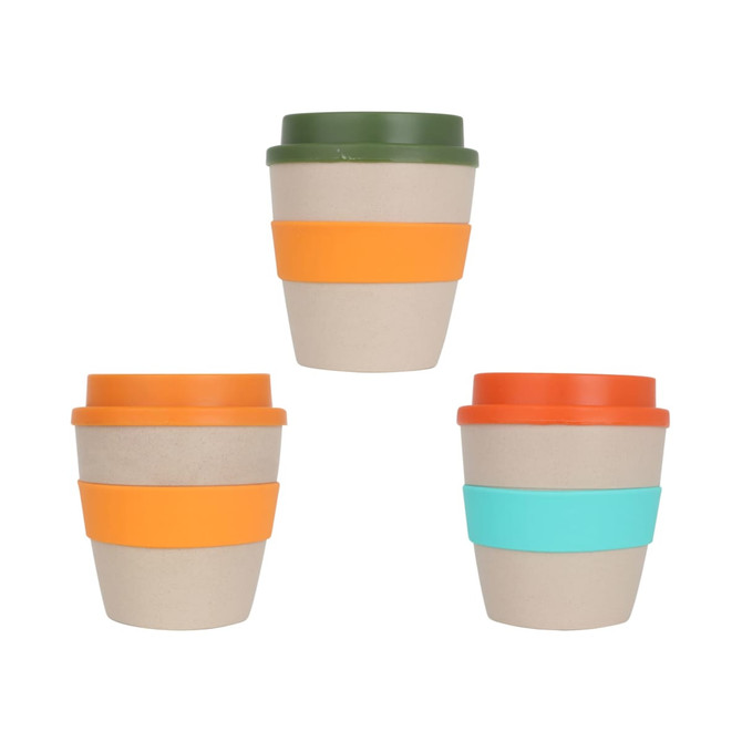 A drink cup set featuring three reusable coffee cups in beige with orange, green, and turquoise silicone bands and lids.