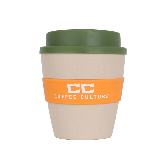 A reusable coffee cup featuring a natural rice husk fibre design with a green lid and orange sleeve.