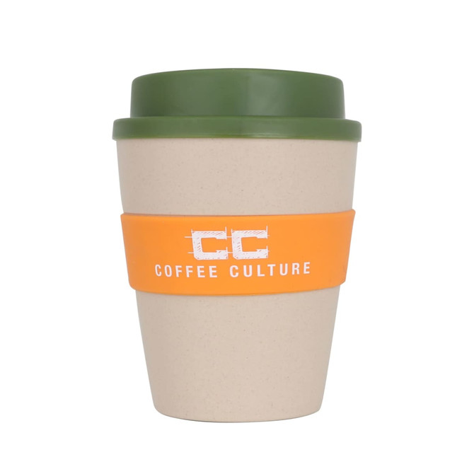 A reusable coffee cup made from natural rice husk fibre, featuring a beige body, green lid, and orange grip.