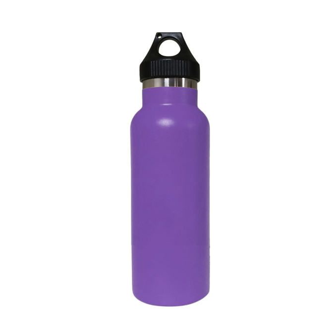 A drink bottle in vibrant purple with a black PP lid and a stainless steel interior. Features a logo.