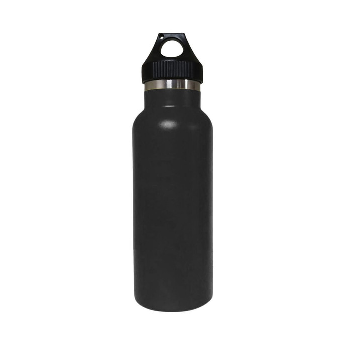 A drink bottle featuring a sleek black design with a double wall vacuum and a black PP lid.