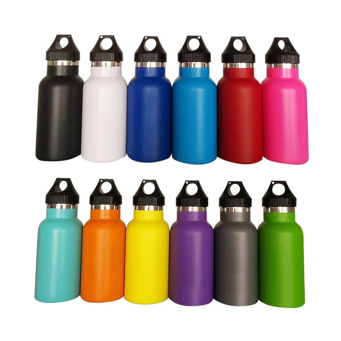 A drink bottle collection featuring various colours including black, white, blue, red, pink, green, and purple, with a metal lid and handle.
