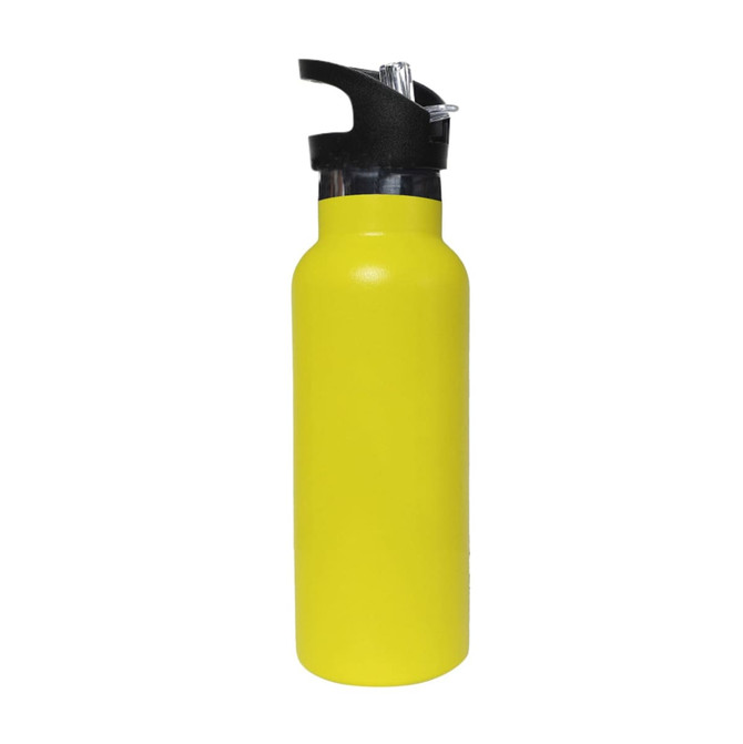 A drink bottle in bright yellow with a black flip valve lid and a logo on the body.