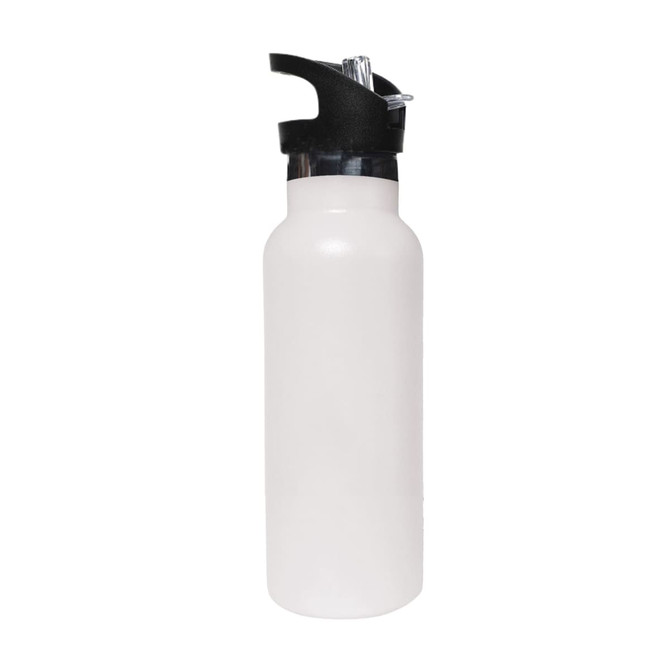 A drink bottle in white, featuring a black flip valve lid and a sleek double wall vacuum design.