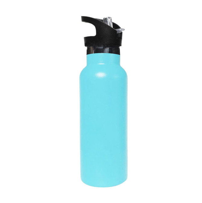 A drink bottle in a turquoise colour with a black flip valve lid, featuring a logo.