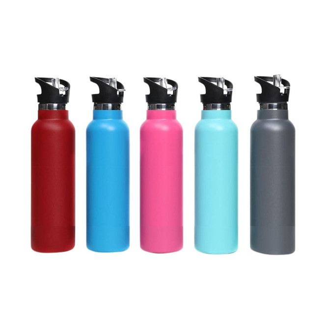 A drink bottle collection featuring five double wall vacuum bottles in red, blue, pink, teal, and grey, each with a flip valve lid.