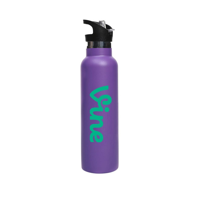 A drink bottle in matte purple with a flip valve lid and a logo. Double wall vacuum design for insulation.
