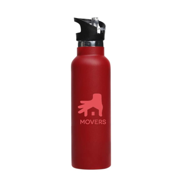 A drink bottle in red with a black flip valve lid and a logo printed on the side.