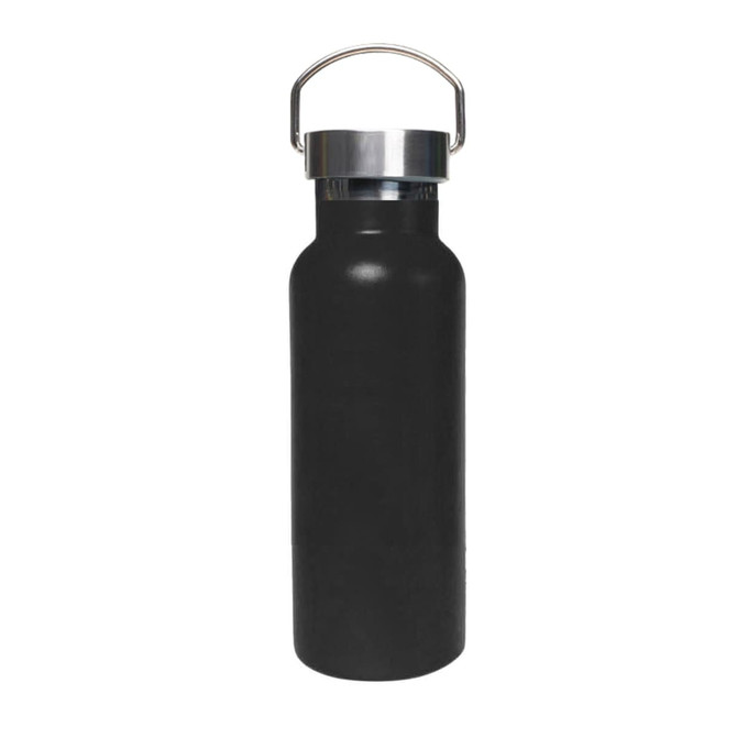 A drink bottle featuring a sleek black design, double wall vacuum insulation, and a stainless steel lid with a handle.