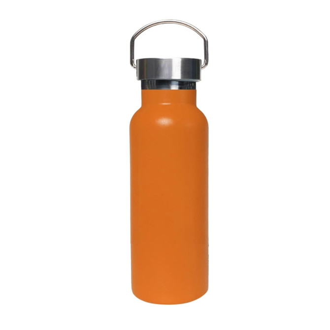 A drink bottle in bright orange, featuring a stainless steel lid and a double wall vacuum design.