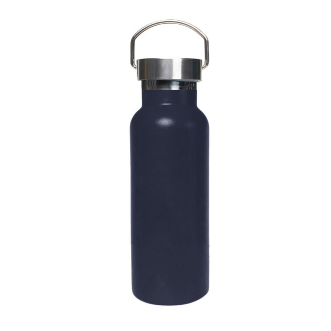 A drink bottle in navy blue with a stainless steel lid and a metal handle, featuring a logo.