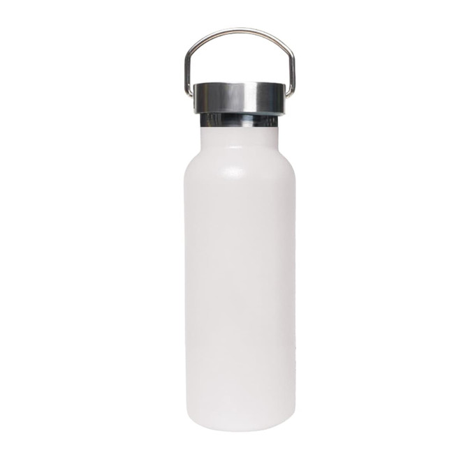 A drink bottle in white with a stainless steel lid and handle, designed as a 500ml double wall vacuum thermos.