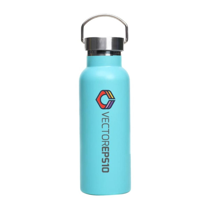 A drink bottle in bright blue with a stainless steel lid and a logo on the side.