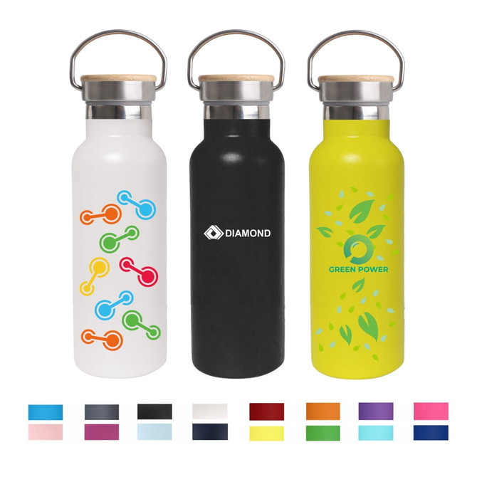 A drink bottle set featuring three 500ml double wall vacuum bottles in white, black, and yellow, with bamboo lids and logos.