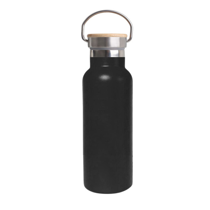 A drink bottle featuring a black exterior and a bamboo lid, with a stainless steel neck and a metal handle.