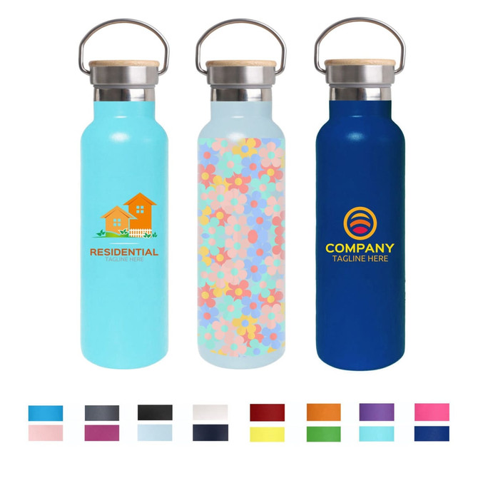 A drink bottle set featuring three 600ml vacuum bottles in blue, floral, and navy designs, with stainless steel lids and branding.