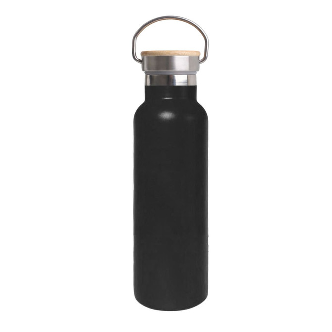 A drink bottle in black with a bamboo lid and metal handle, featuring a branding logo.