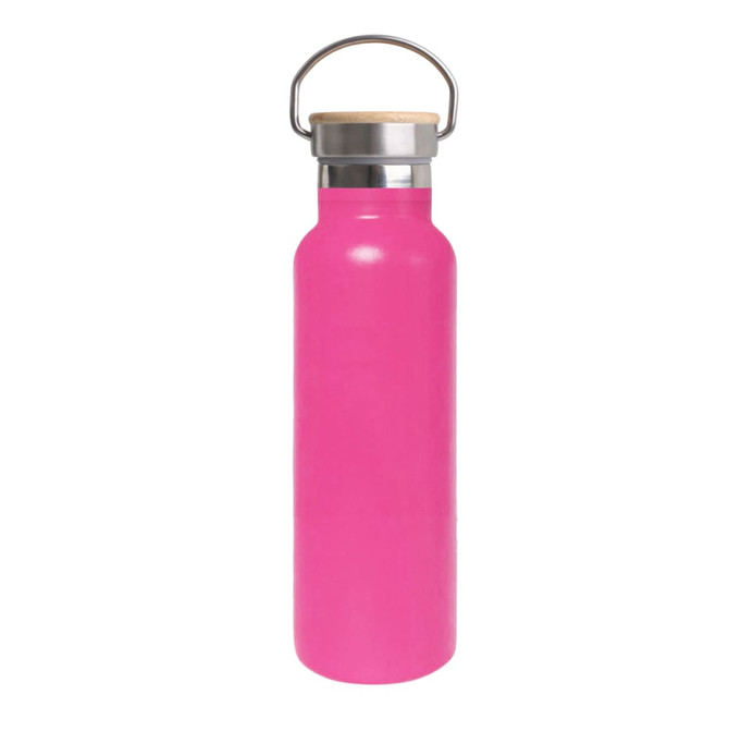 A drink bottle in bright pink with a bamboo lid and stainless steel accents. Features a handle for easy carrying.