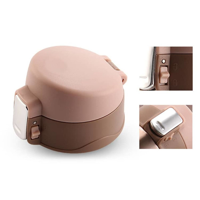 A drink bottle featuring a flip top lid, with a matte finish in shades of pink and brown. It includes a logo.