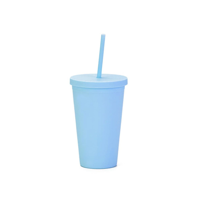 A blue matte plastic cup with a lid and straw, perfect for beverages. Features a logo on the cup.