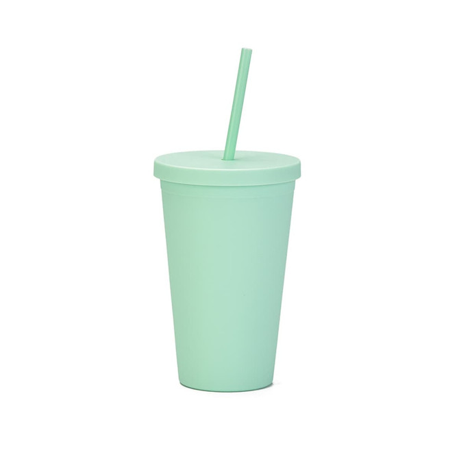 A mint green plastic cup with a lid and straw, suitable for beverages. Features a logo on the cup.