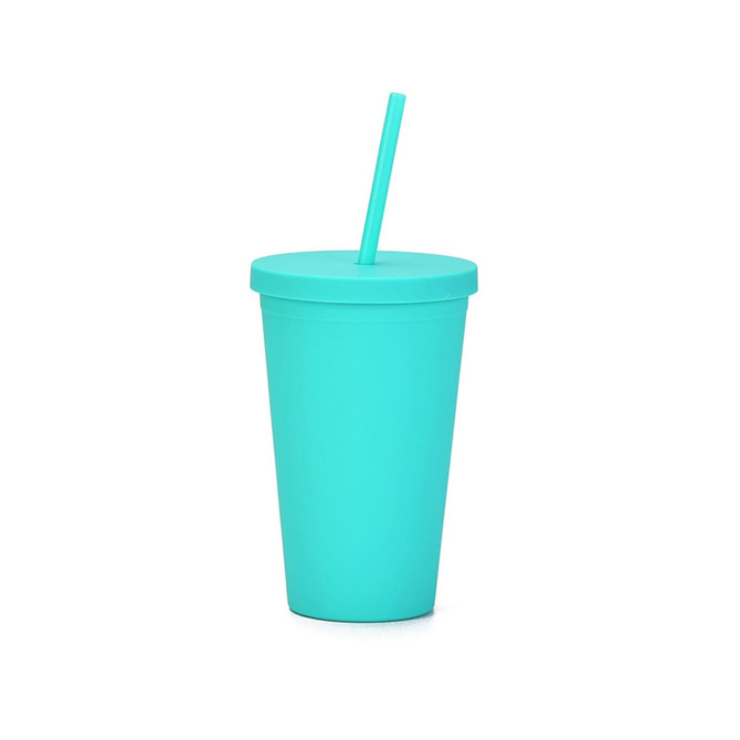 A turquoise 16oz matte plastic cup with a lid and straw, ideal for beverages. Features a logo on the surface.