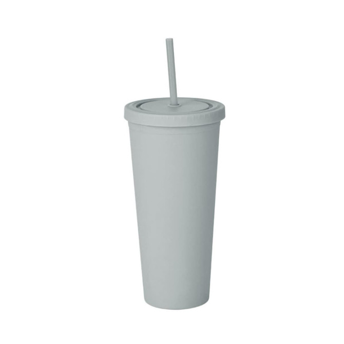A matte grey plastic cup with a lid and straw, designed for drinks. It includes a logo.