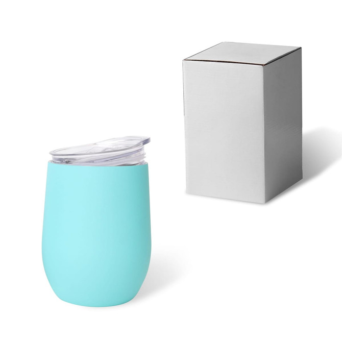 A drink bottle in mint green with a clear lid, beside a plain grey box.
