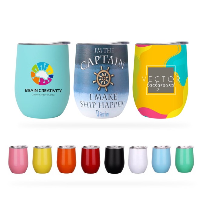 A collection of reusable coffee cups in various colours, featuring different designs and a logo on some cups.
