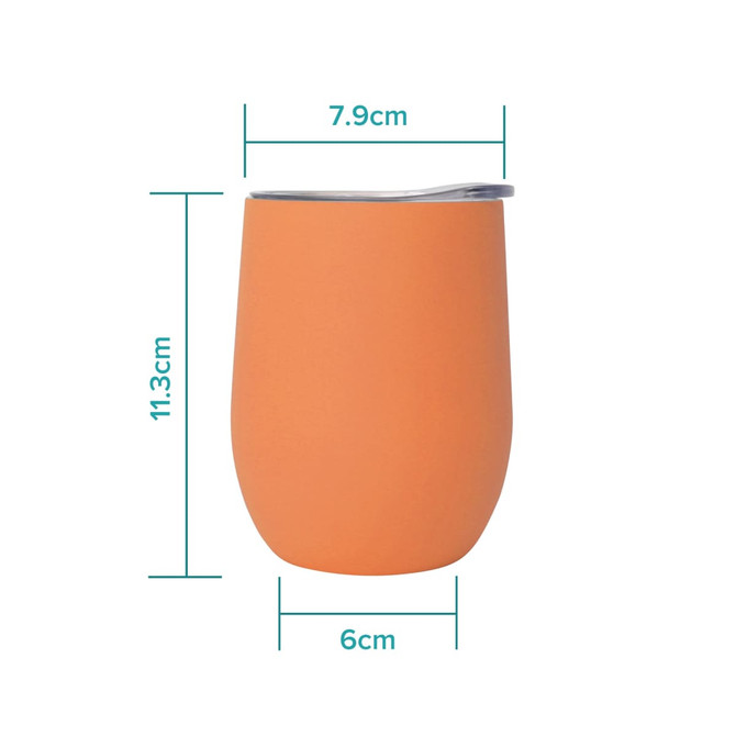 An orange, egg-shaped coffee cup with a stainless steel rim, featuring dimensions for reference.