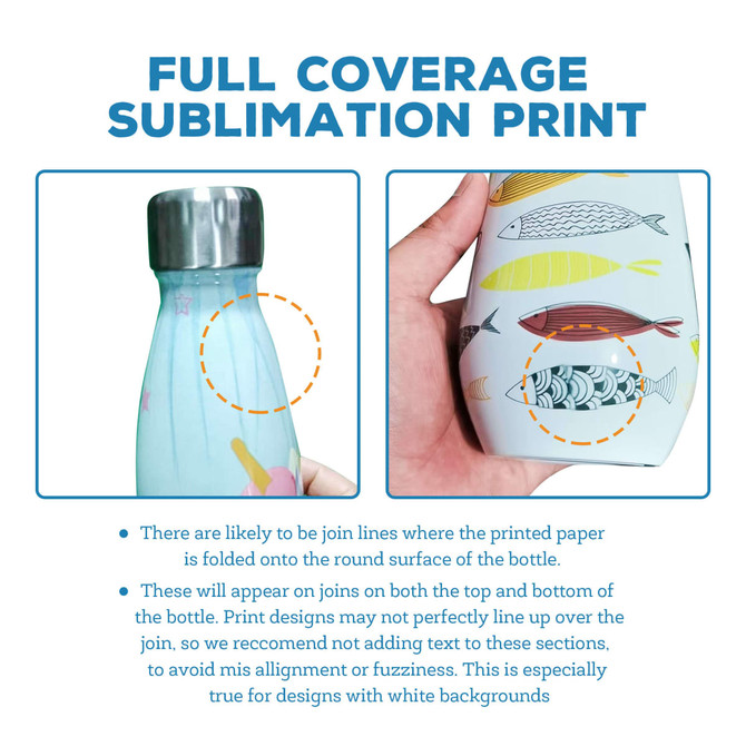 A drink bottle with a tapered shape and a metallic grey lid, featuring a multi-coloured fish design.