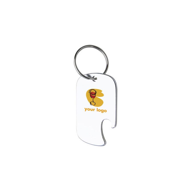 A drink bottle opener keyring in clear acrylic with a circular keyring and a logo design.