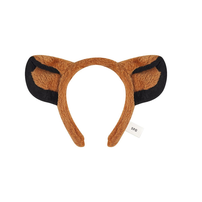 A custom animal hairband featuring soft brown fabric with black accents resembling animal ears. It has a logo.