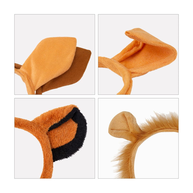 Four animal-themed hairbands featuring soft materials and textures in shades of orange, brown, and black, with ear designs.