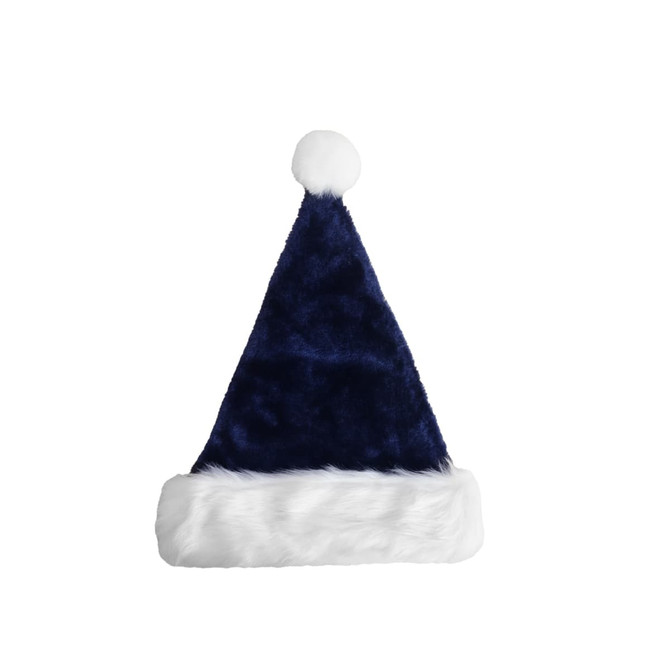 A plush blue Santa hat with a white fur trim and a pom-pom on top.