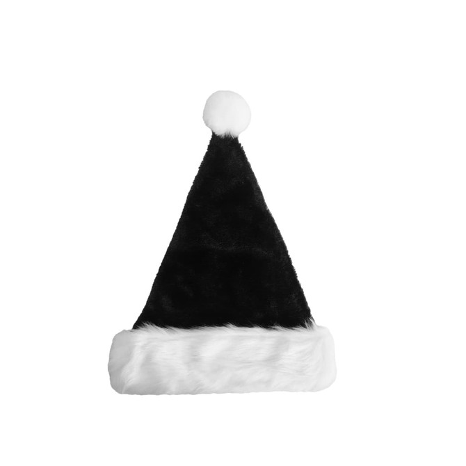 A plush Santa hat featuring a black top and a white fur trim with a pom-pom at the tip.