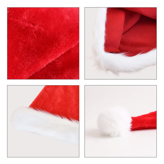 A Plush Santa Hat in bright red with white faux fur trim and pom-pom. It has a soft, velvety texture.